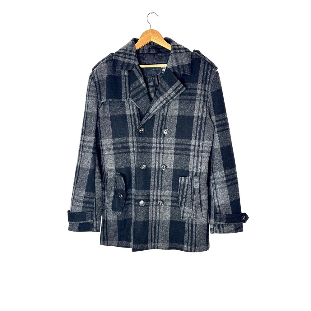 JACK & JONES Mens Plaid Wool Blend Double Breasted Pea Coat Jacket‎ XL NWT